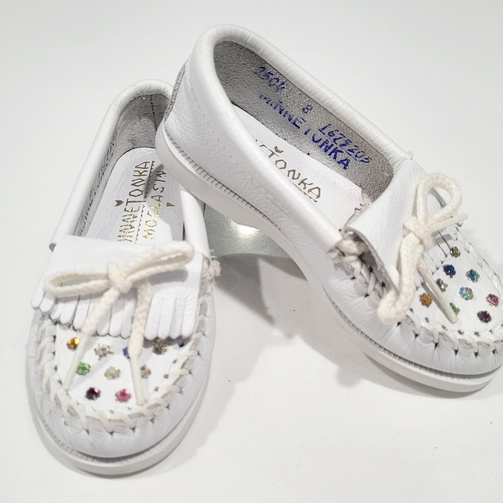 Minnetonka White Kids Moccasins with Multicolor Accents